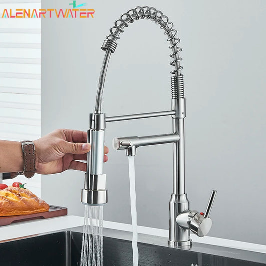 Brushed Nickel Brass Pulling Kitchen Sink Faucets Dual Outlet Water-Cold Hot Washing Basin Tap Deck Mounted Spring Mixer Taps